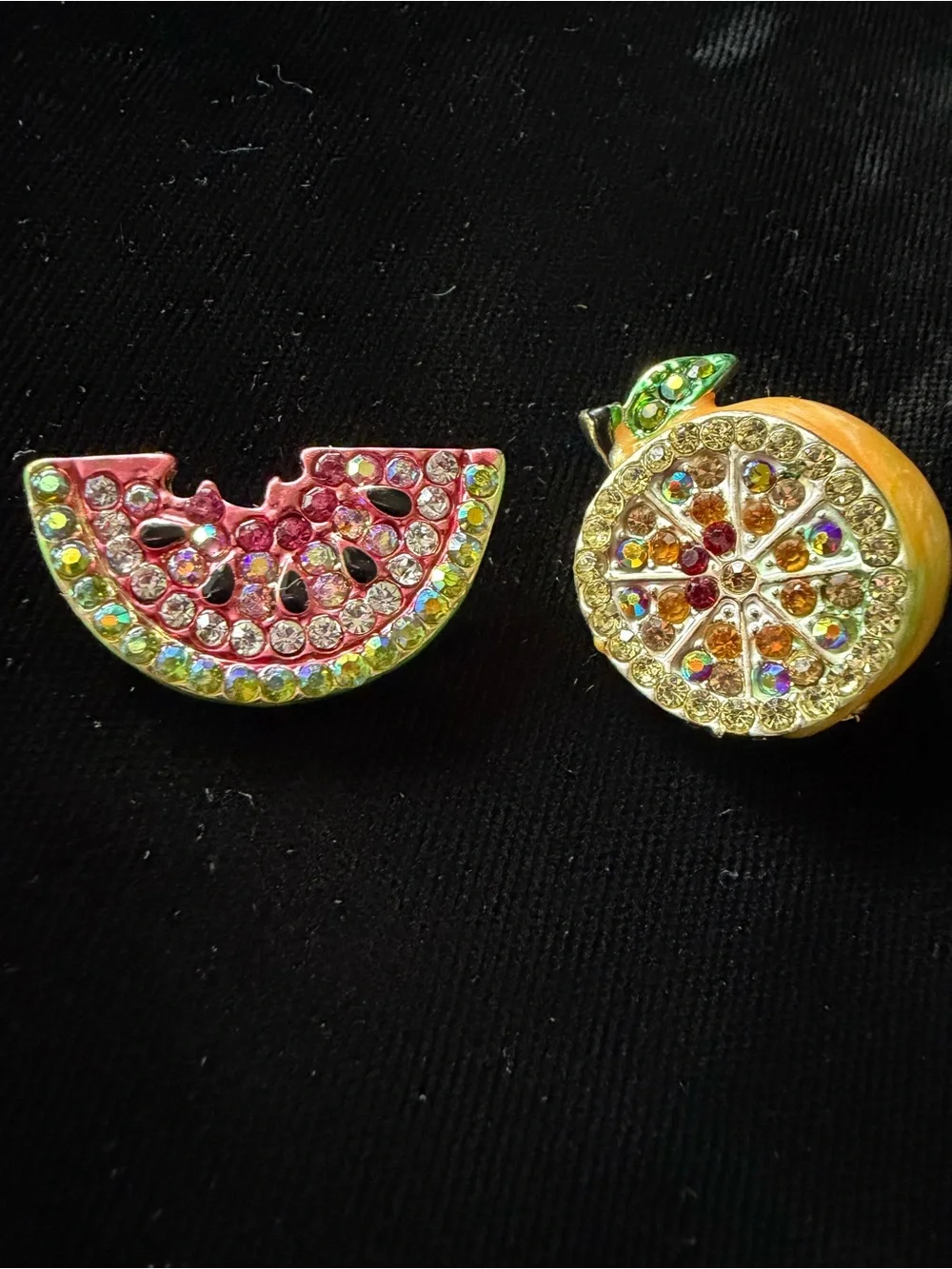 Vintage Rhinestone Fruit Brooch Lot - Watermelon Slice + Orange Citrus Pin Set